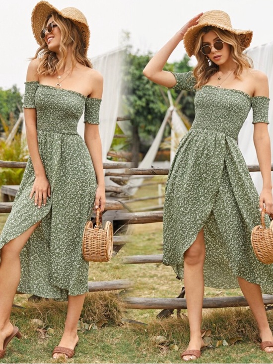 Dresses & Skirts - Off-Shoulder Green Floral Midi Dress NWOT